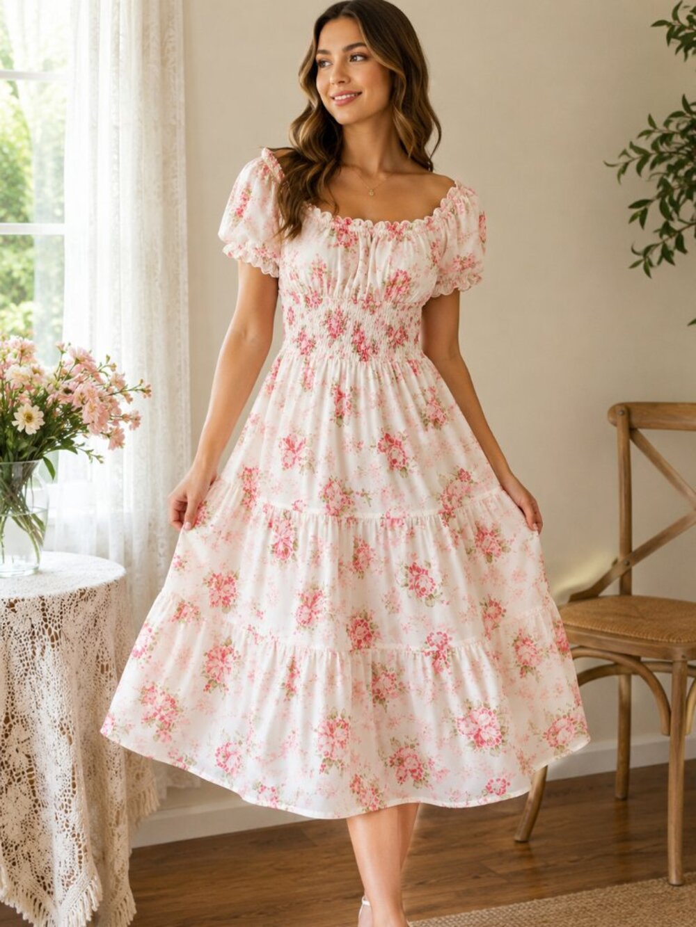 Love Tree Ivory Pink Floral Smocked Puff Sleeve Midi Dress Cottagecore Prairie S